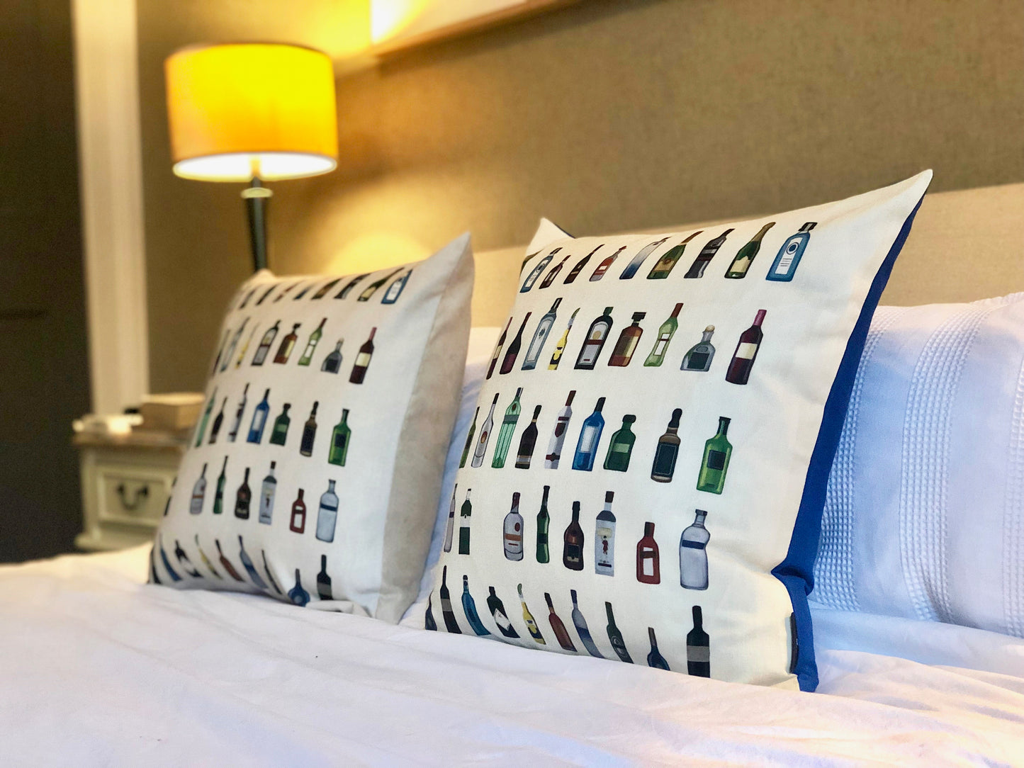 Alcohol bottle design Cushion on bed