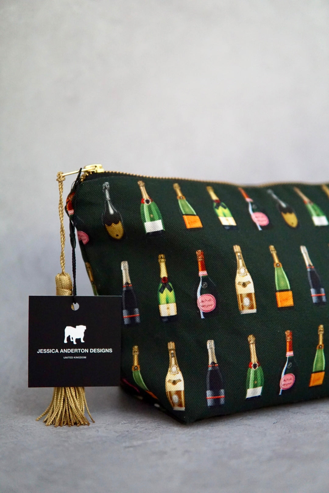Champagne and Fizz Dark Green Makeup Bag Jessica Anderton Designs