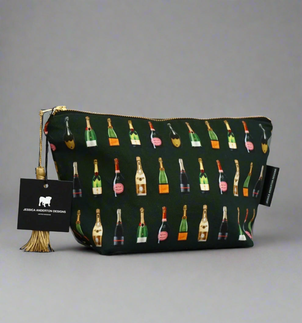 Champagne and Fizz Dark Green Makeup Bag Jessica Anderton Designs