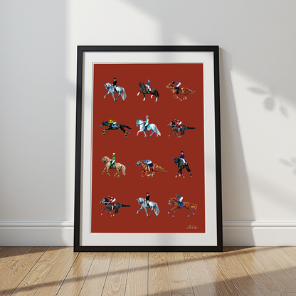 A framed art print featuring a grid of 12 vintage horse racing illustrations on a terracotta red background, leaning against a white wall on a light wood floor.