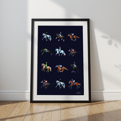 A framed art print featuring a 3x4 grid of colorful horse and jockey illustrations on a dark navy background, leaning against a white wall on a light wood floor.