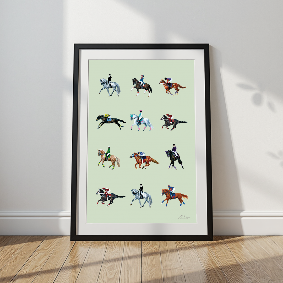 A framed art print featuring a grid of 12 different equestrian horse races, displayed leaning against a white wall on a wooden floor.