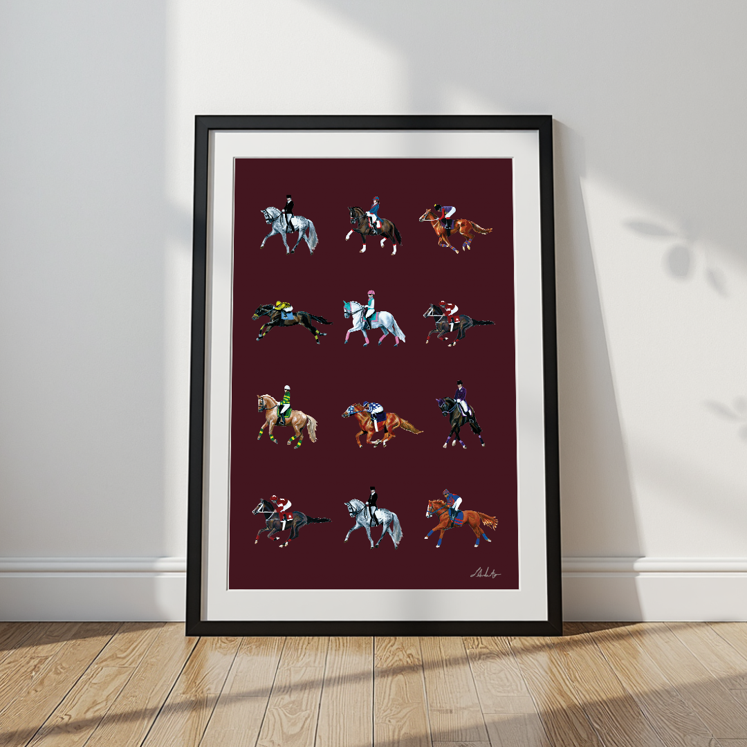 A framed art print featuring a 3x4 grid of colorful horse and jockey illustrations on a dark navy background, leaning against a white wall on a light wood floor.
