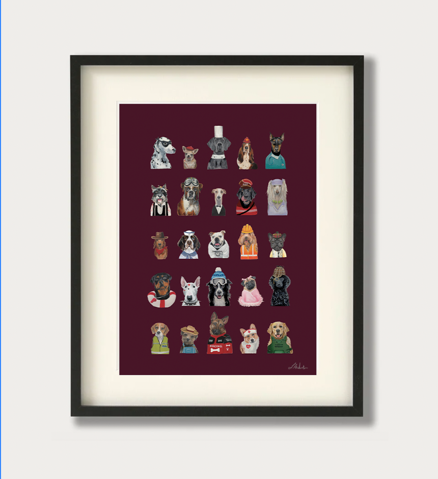A framed art print featuring a grid of 30 different dog illustrations in various costumes, set against a dark burgundy background with a white mat and a black frame.
