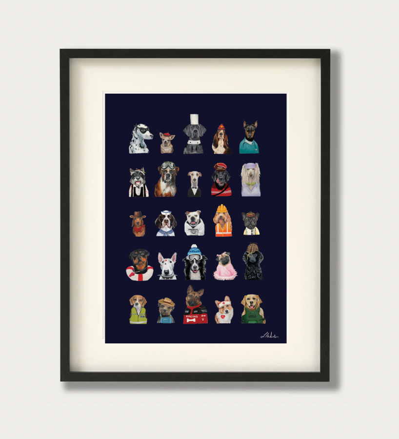 Framed wall art featuring a grid of 24 illustrated dog portraits in various outfits on a dark navy background, shown in a black frame with a white mat against a light gray wall.