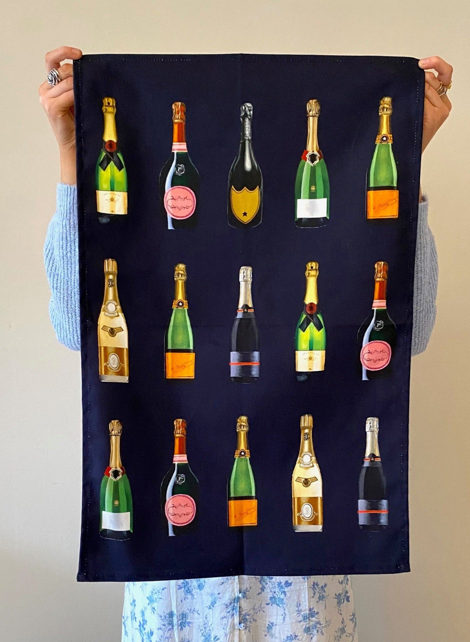 Navy Champagne and Fizz Tea Towel Bottles homeware design artwork british artist Jessica Anderton Designs 