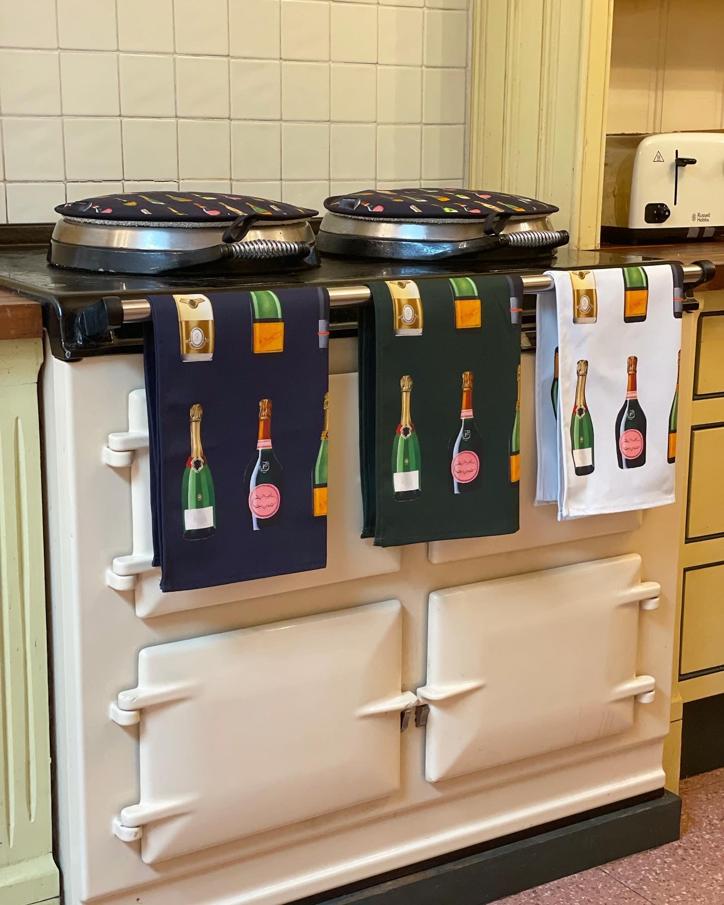 Navy Champagne Tea Towel Bottles homeware AGA Hob Cover design artwork