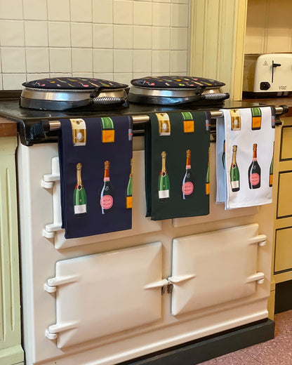 Navy Champagne Tea Towel Bottles homeware AGA Hob Cover design artwork