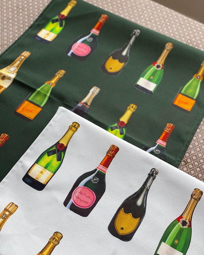 Icy White and Dark Green Champagne and Fizz Tea Towels