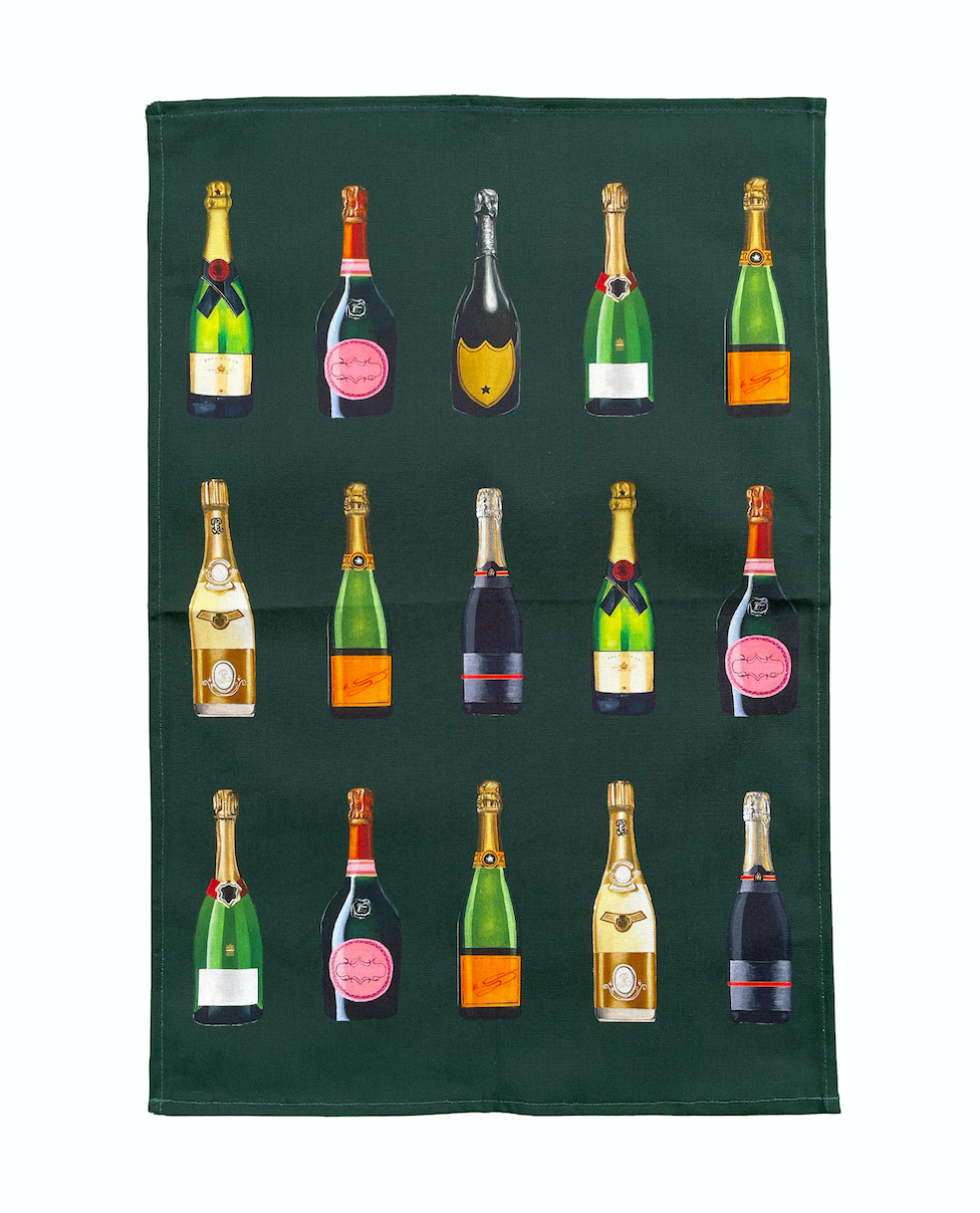 Dark Green Champagne and Fizz Tea Towel Bottles homeware design artwork Jessica Anderton Designs 