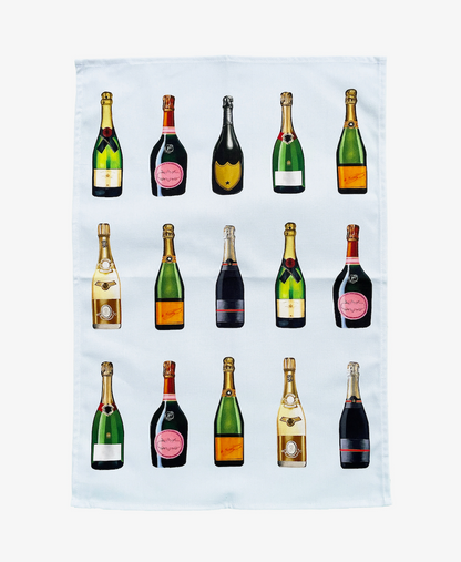 Icy White Champagne and Fizz Tea Towel Bottles homeware design artwork