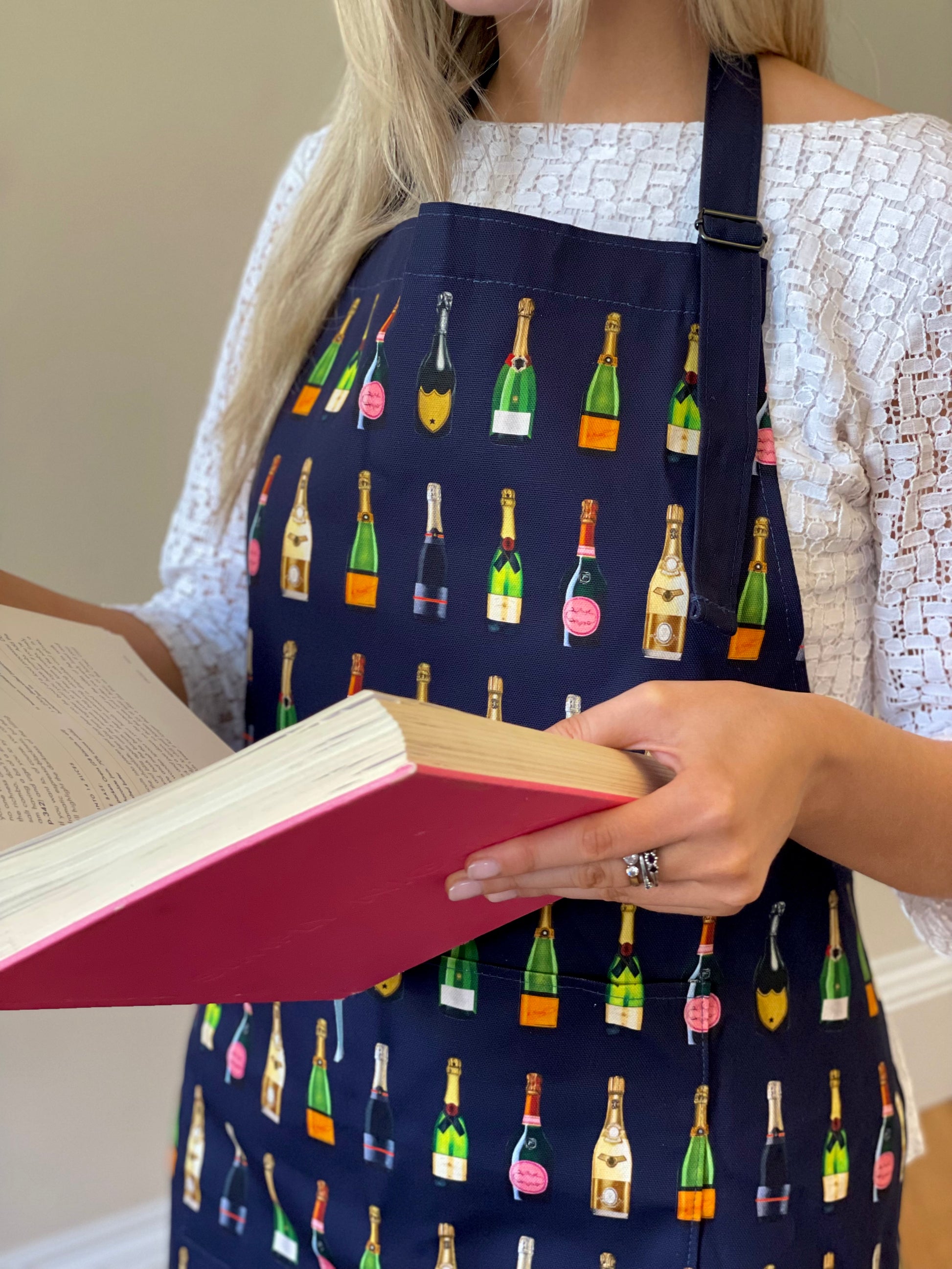 champagne apron girl cook book reading 