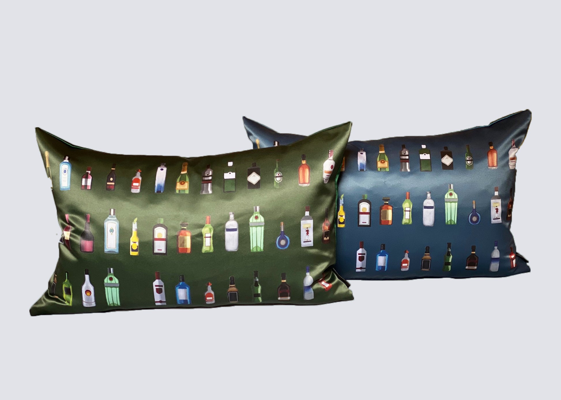 two cushions silk blue and green alcohol bottle 
