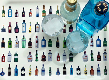 drinks tray white bottles repetitive pattern alcohol bottles gin bottle glasses ice cubes